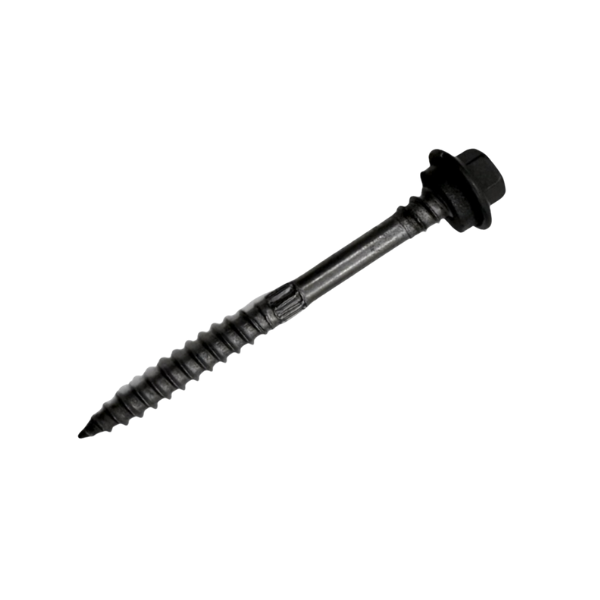 Close-up of COLORBOND® 12 x 65mm Type 17 Class 3 roofing screw for timber, with corrosion-resistant coating.